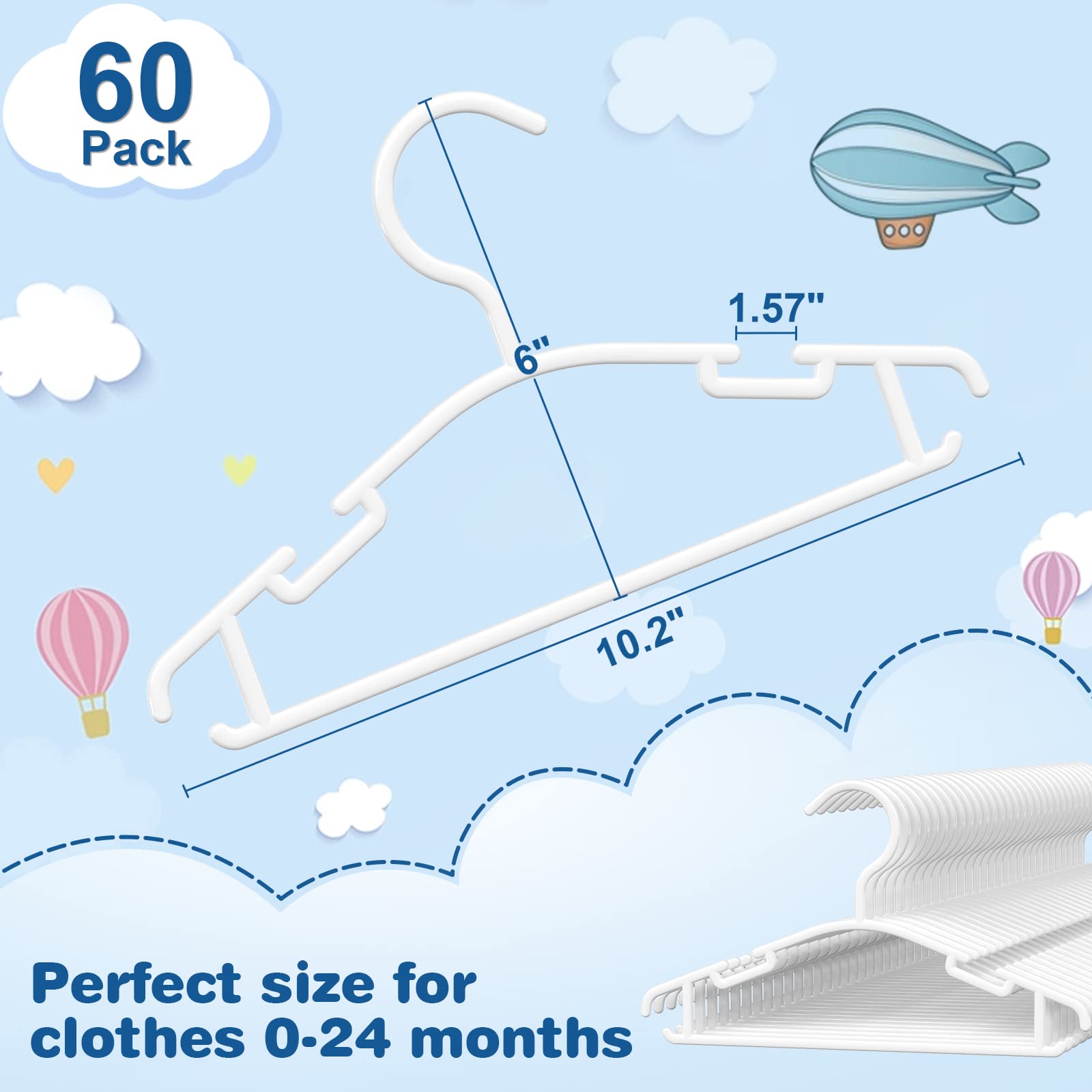 Goodtou Baby Hangers 60Pack White Baby Clothes Hangers Bulk Kids Plastic Hangers Toddler/Infant Hangers For Closet